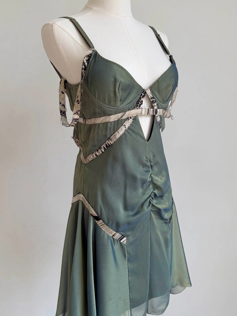 Roberto Just Cavalli Vintage Olive Green Iridescent Silk Mini Dress size 40 - Picture 1 of 8